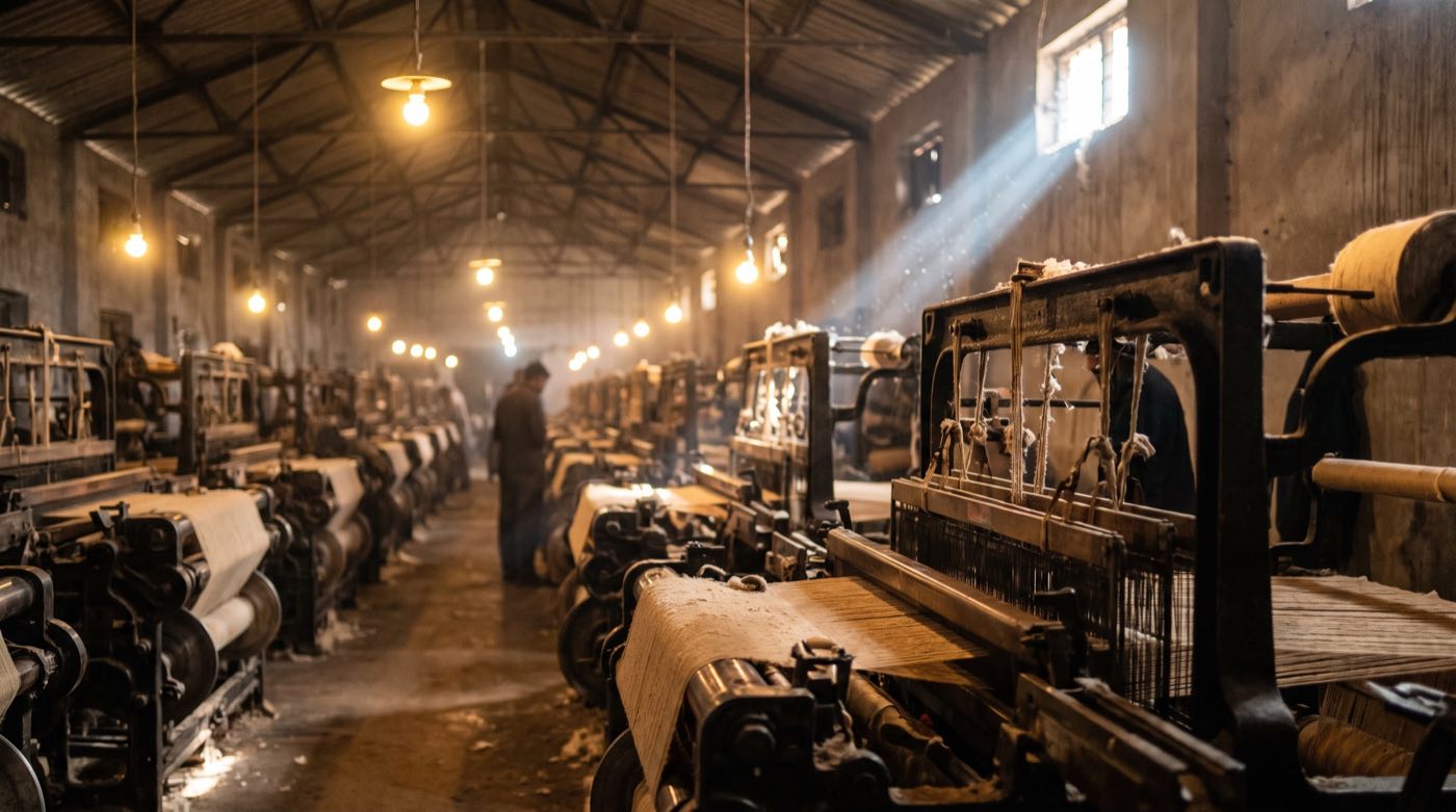Rows of rapier looms weaving cotton duck at NBTPL