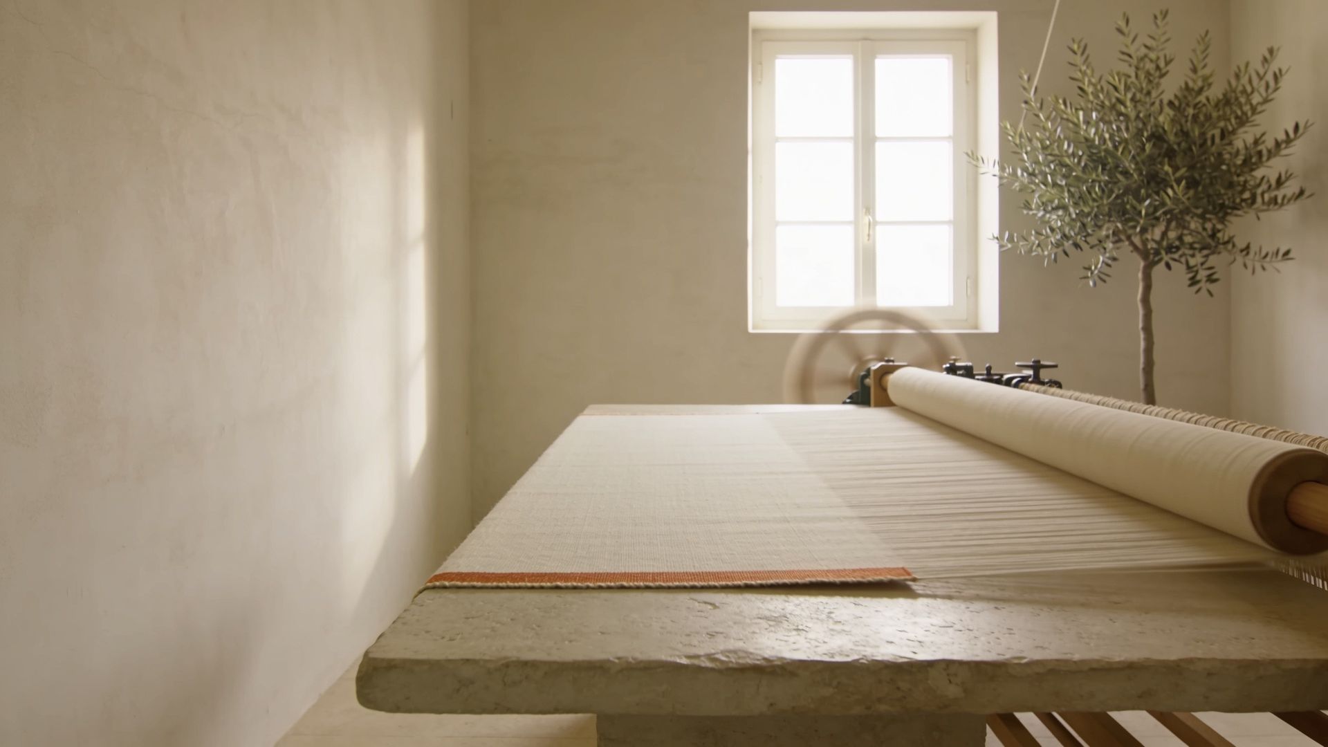 Cream cotton canvas coming off a roll onto a stone table, with a copper stripe along its edge, in a plaster room with a window and an olive tree
