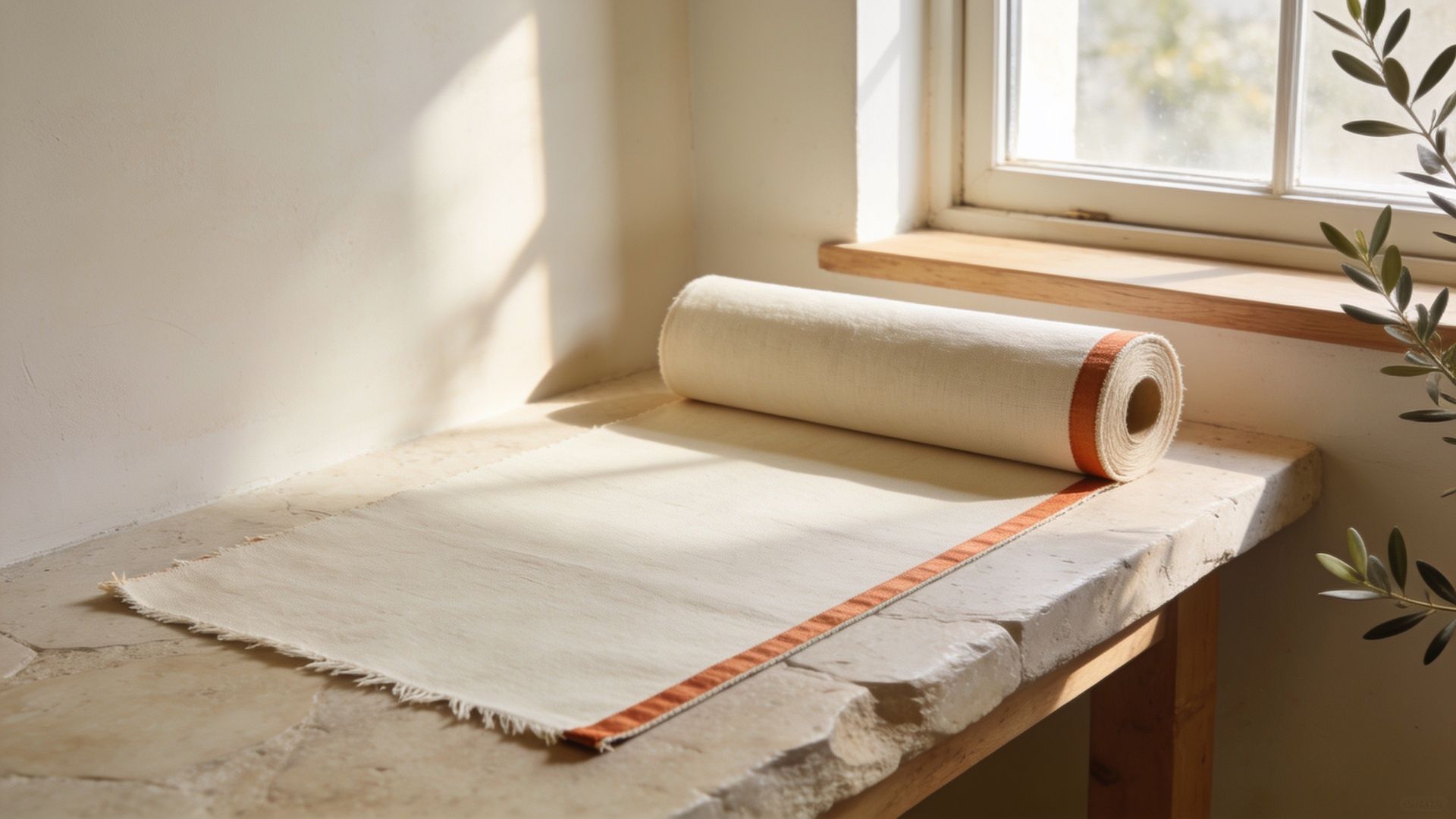 A roll of canvas unrolled across a stone ledge by a window, with a copper stripe along its edge