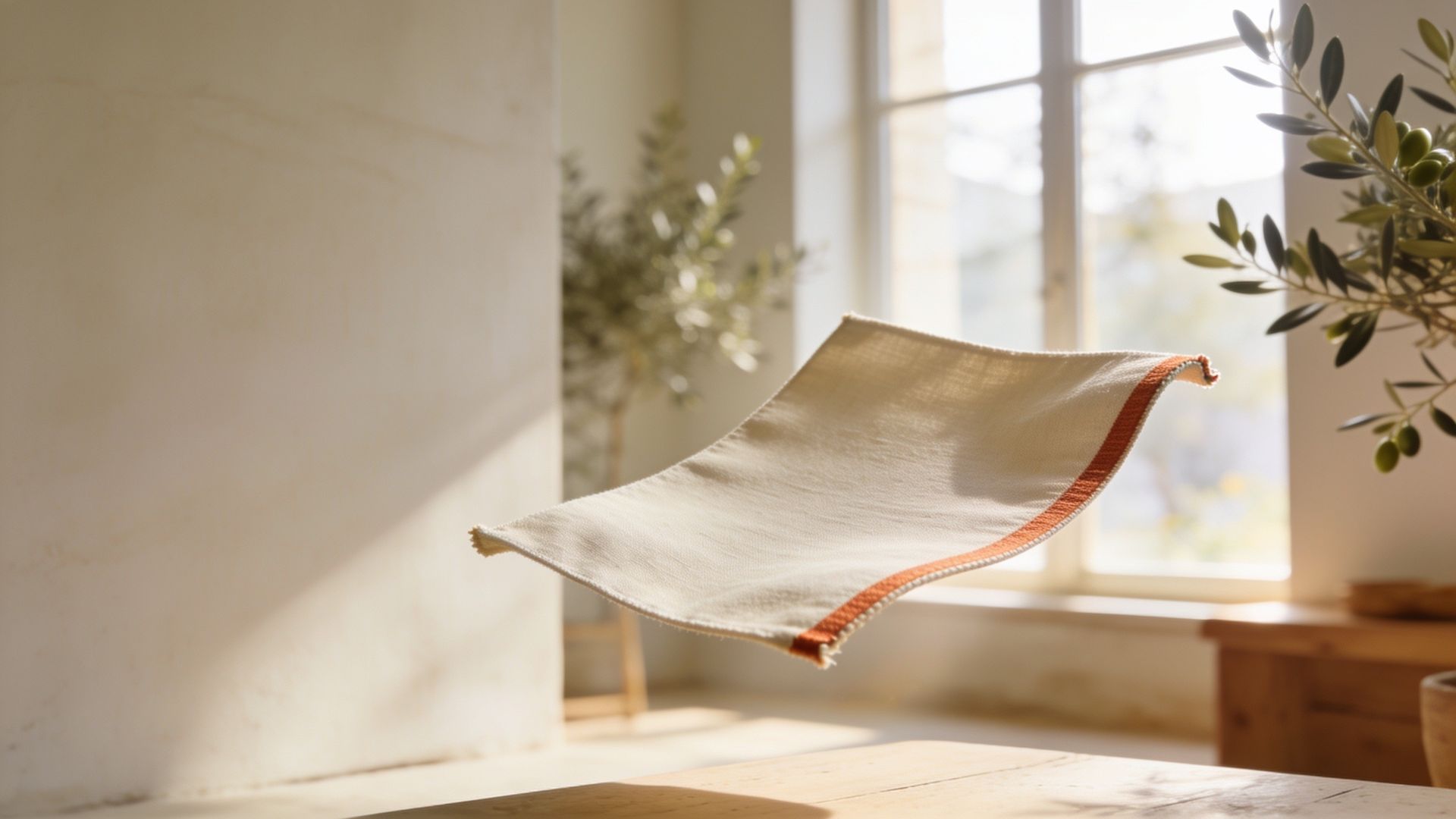 A length of canvas with a copper stripe floating in the air in a bright room with a window and an olive tree
