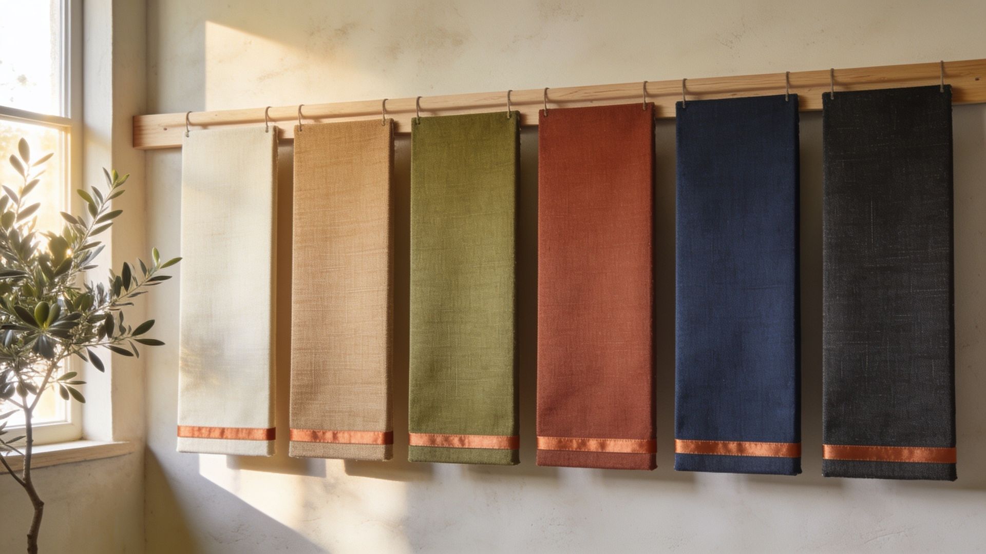 Six lengths of canvas hanging from a wooden rail: natural, tan, olive, rust, navy and charcoal, each with a copper stripe at the hem