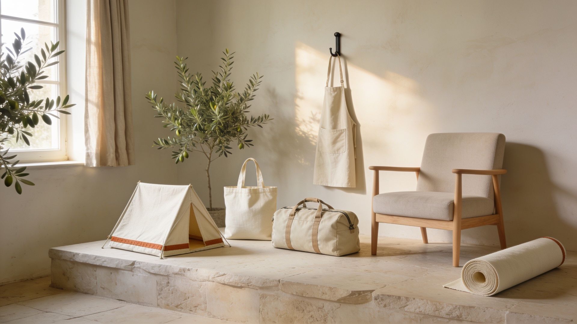 A small tent, tote bags, a duffel, an apron and an armchair, all made from canvas