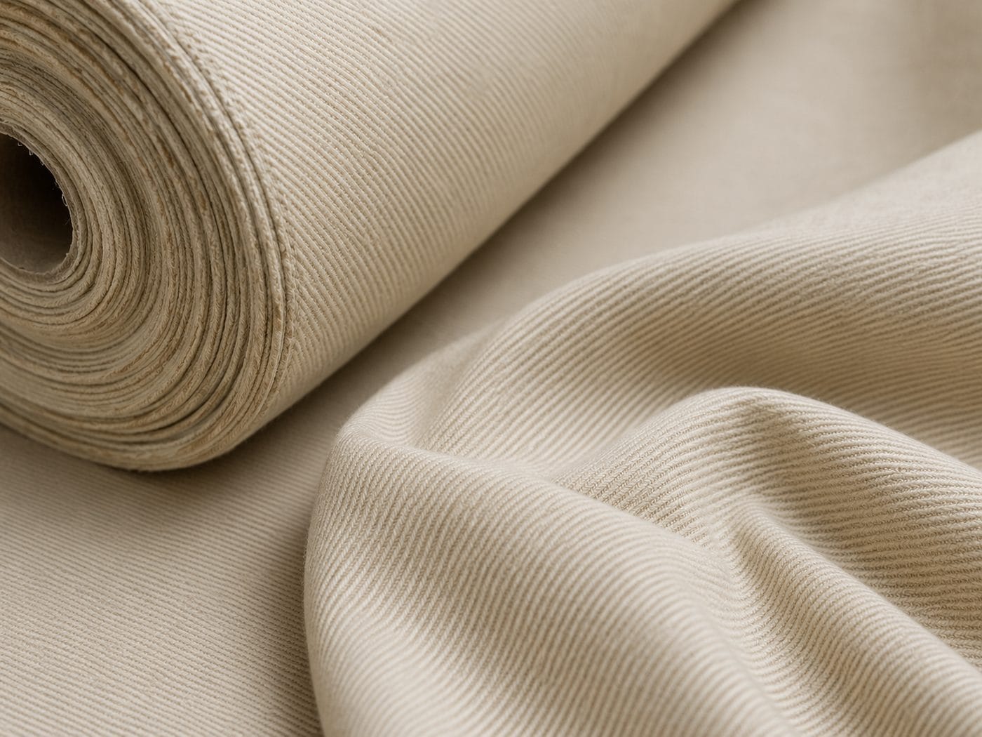 A bolt of natural cotton drill, the steep diagonal twill line visible across the draped cloth